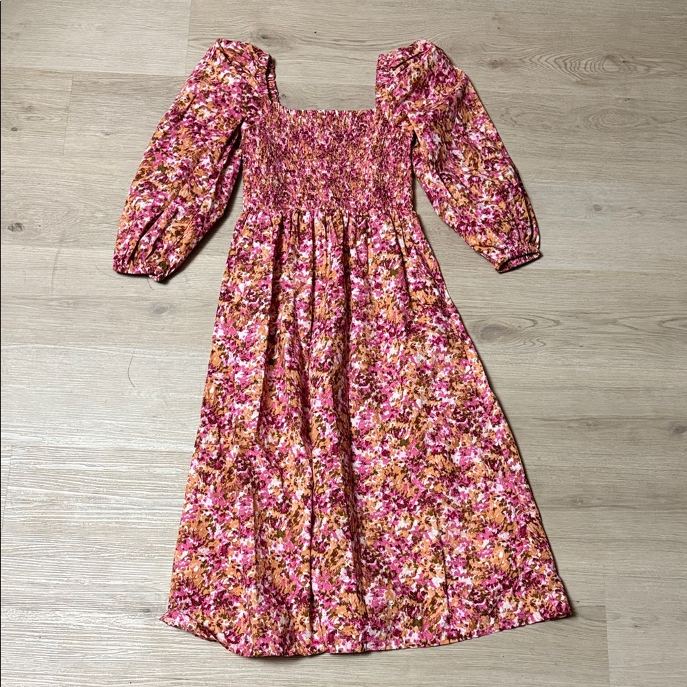 J. Crew 100% Cotton Floral Smocked Puff Sleeve Square Neck Pleated  Midi Dress